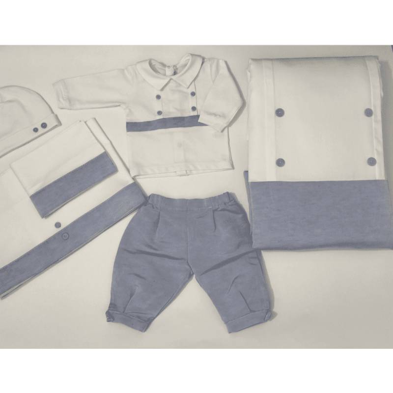 Newborn boy cotton 1 month white and light blue set - 