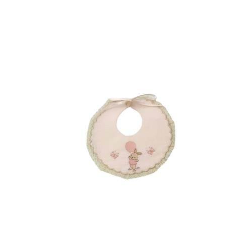 Pink linen newborn bib embroidered with ivory lace - 