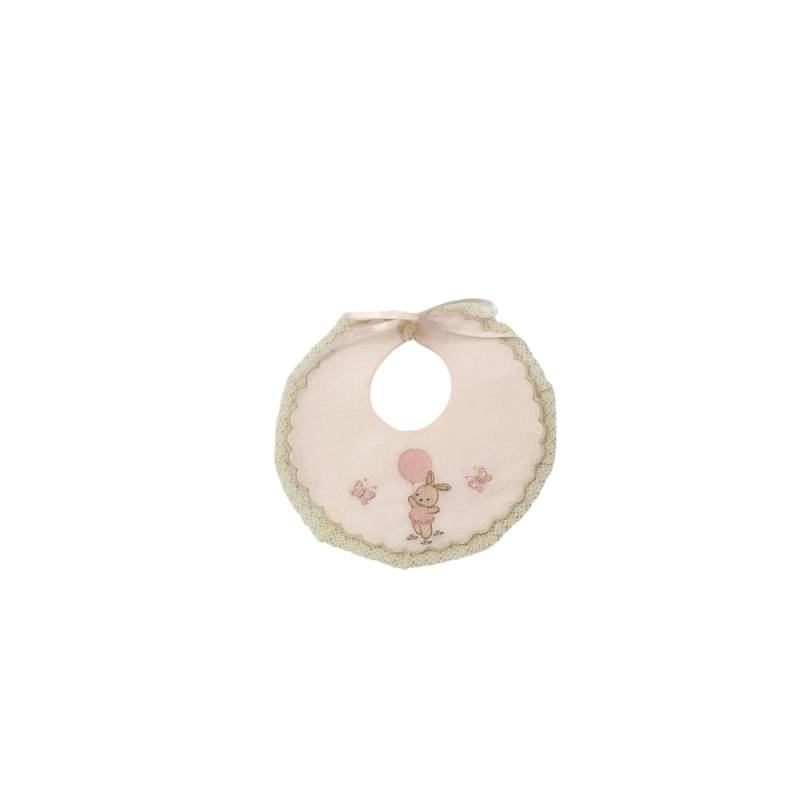 Bavetta neonata in lino rosa ricamata con merletto color avorio - 