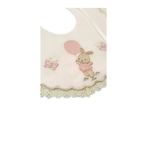 Bavoir pour nouveau-né en lin rose brodé de dentelle ivoire -  2