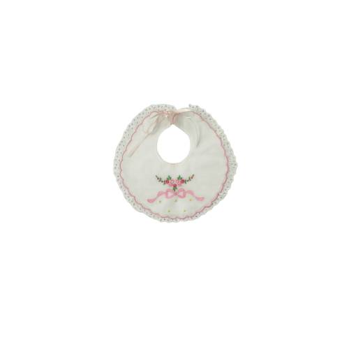 Bavoir élégant avec broderie de nœuds fond blanc broderie rose - 