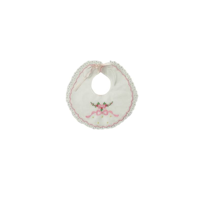 Bavaglini Neonata - Bavetta elegante con nodo ricamato fondo bianco ricamo rosa - Vendita Abbigliamento Neonato