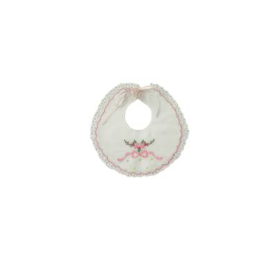 Elegante babero con nudo bordado fondo blanco bordado rosa - 