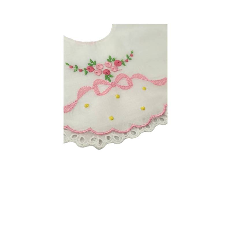 bavetta bavaglino neonata in cotone bianco con ricamo rosa nodo e fiori