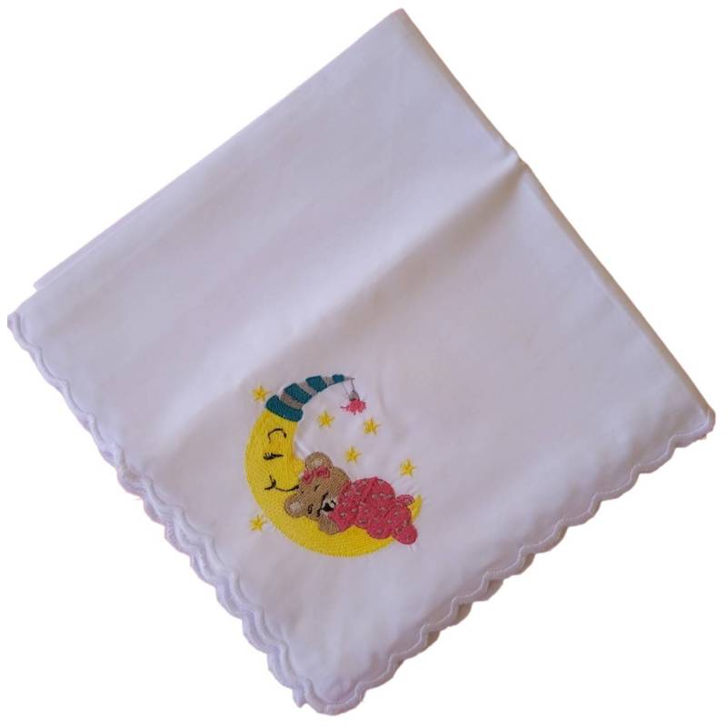 White muslin square embroidered teddy bear on moon - 