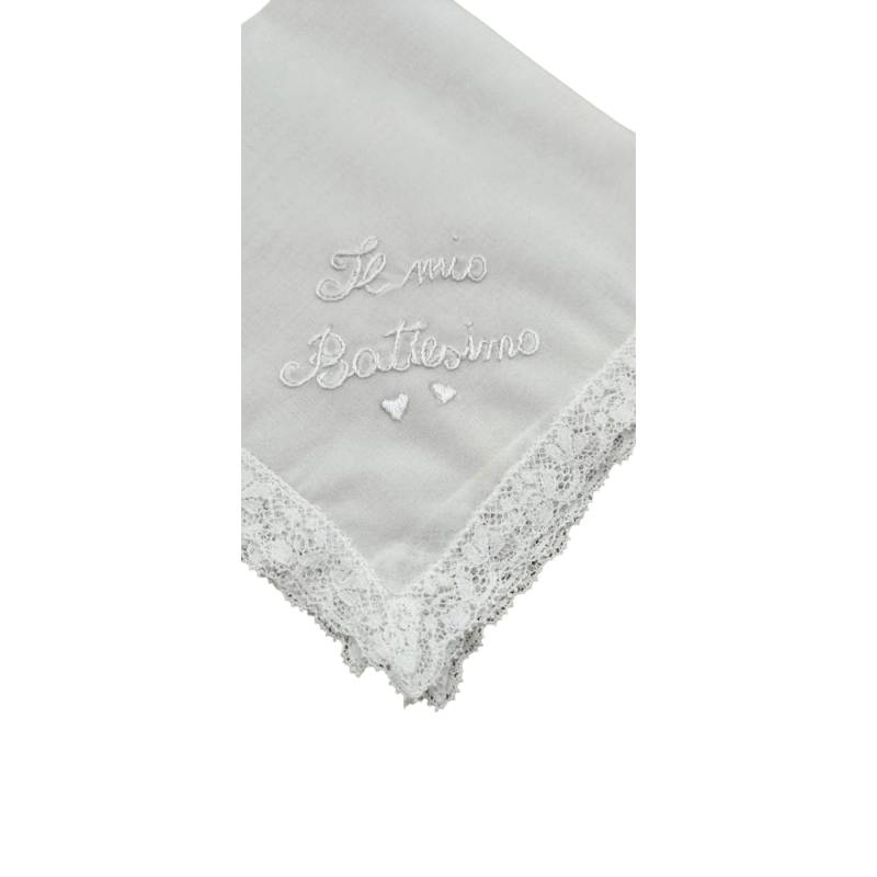 Hand-embroidered silk christening handkerchief - 