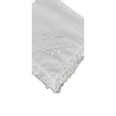 Hand-embroidered silk christening handkerchief - 