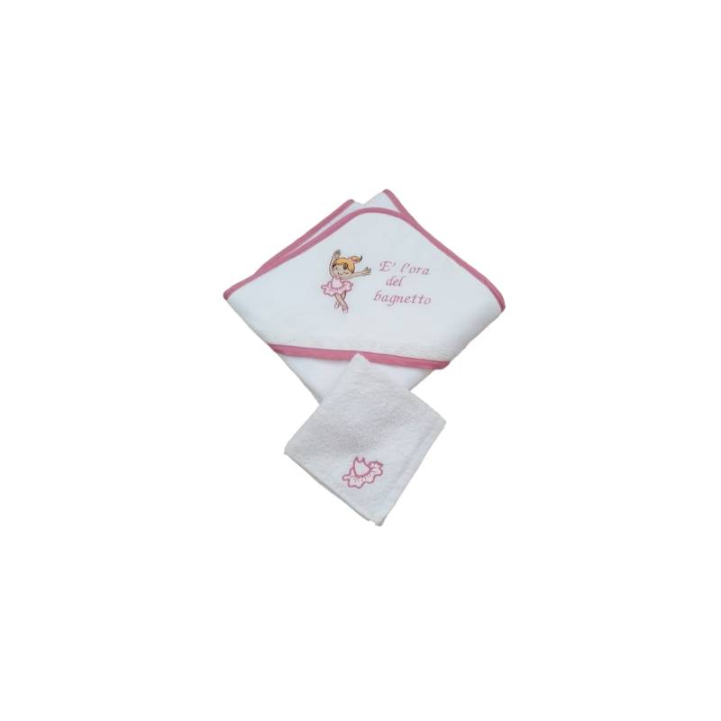 Accapatoio triangolo neonata con lavetta bianco e rosa ricamo ballerina e merletto - 