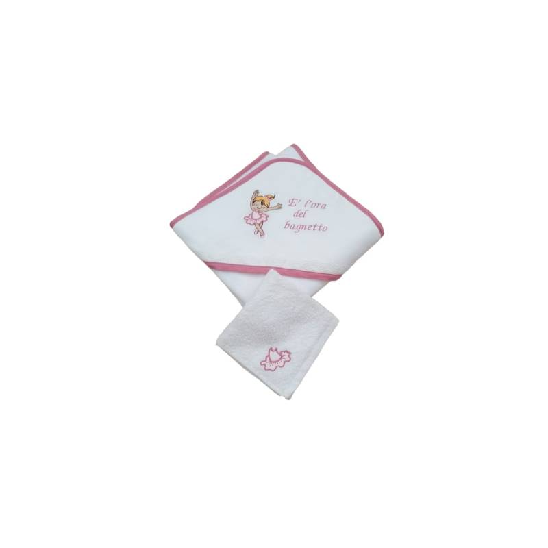 Peignoir de bain triangle pour bébé fille avec broderie ballerine blanche et rose et dentelle - 