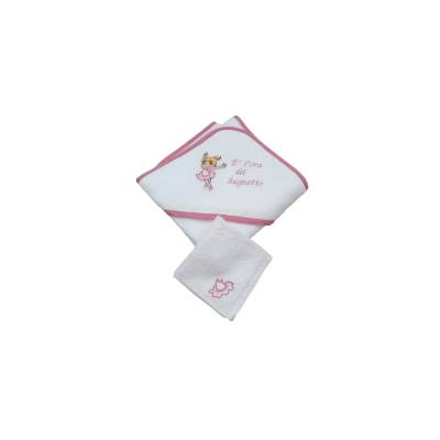 Albornoz triangular para bebé niña con bordado de bailarina blanco y rosa y encaje - 