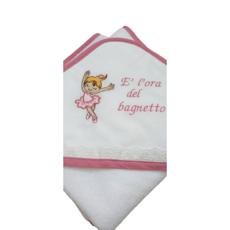 Peignoir de bain triangle pour bébé fille avec broderie ballerine blanche et rose et dentelle - 