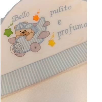 Albornoz triángulo para bebé en rizo de algodón azul claro y blanco - 