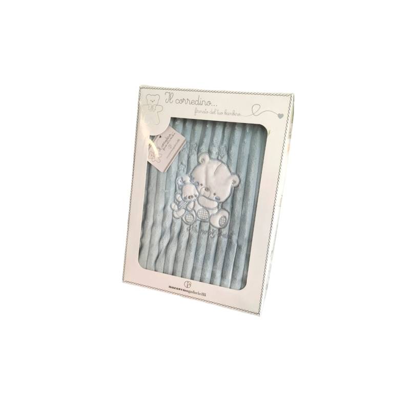 Copertina scialle pile neonato celeste con orsacchiotto - 