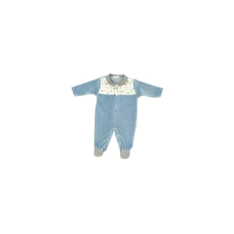 Fato de dormir em chenille azul-pó para bebé de 1 mês com pormenores estampados - 