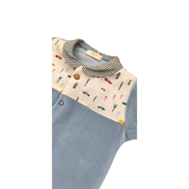 Fato de dormir em chenille azul-pó para bebé de 1 mês com pormenores estampados - 