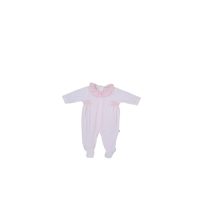 Baby gi Babyschlafanzug aus rosa Chenille 1 Monat mit weiß und rosa karierten Stoffdetails - 