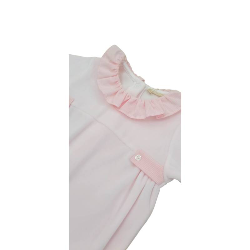 Pelele bebé gi de chenilla rosa 1 mes con detalles de tela a cuadros blancos y rosas - 