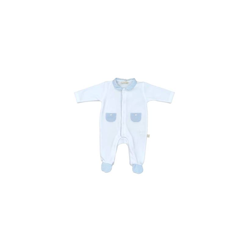 Fato de dormir em chenille para bebé recém-nascido gi 1 mês branco e detalhes azuis claros - 