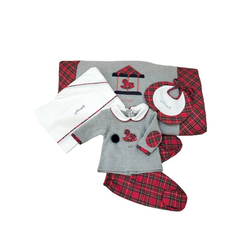 Newborn baby dress with red tartan suitable for his first clinical Christmas 1 month - 
