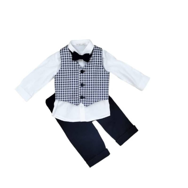Fato de bebé elegante Barcellino branco e azul com colete e laço 3/6/9 meses - 