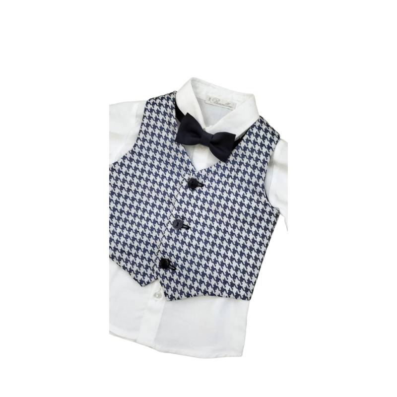 Fato de bebé elegante Barcellino branco e azul com colete e laço 3/6/9 meses - 