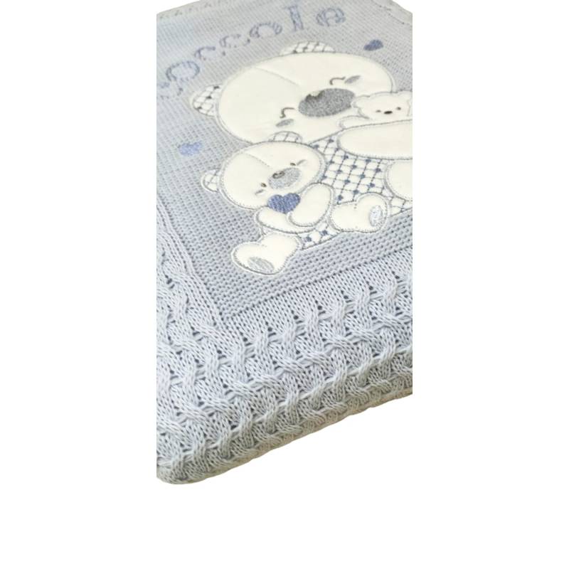 Housse de couette berceau en laine bleu clair avec broderie d'ours - 