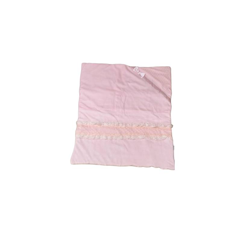 Copertina piumoncino neonata elegante in ciniglia rosa con merletto e tulle - 