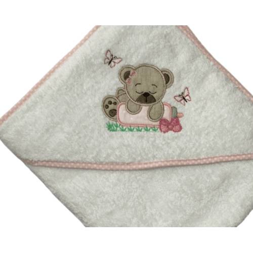 Dreieckiger Bademantel für Mädchen aus weißem Baumwollfrottee mit Teddybär - 