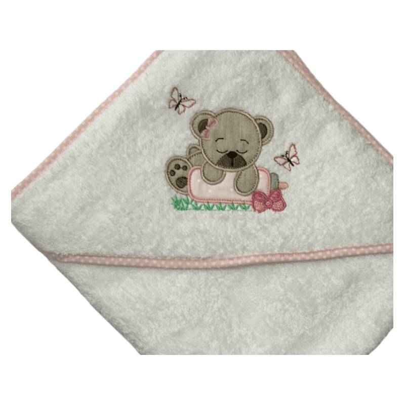 Baby girl triangle bathrobe in white cotton terrycloth with teddy bear - 