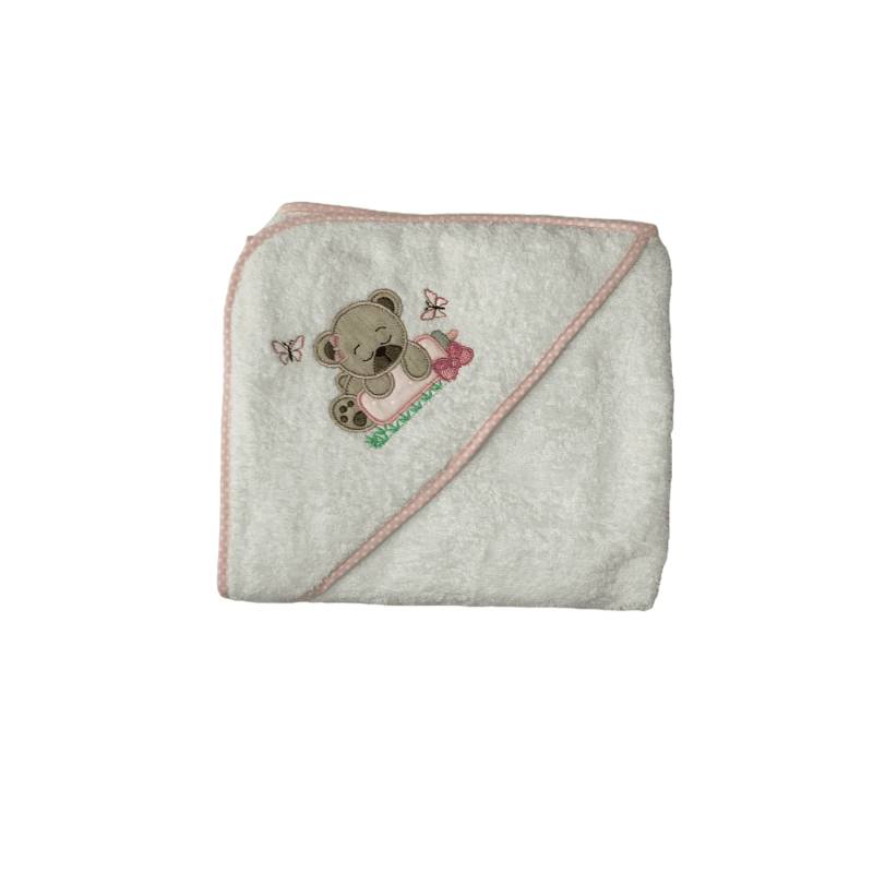 Baby girl triangle bathrobe in white cotton terrycloth with teddy bear - 