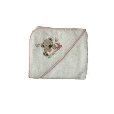 Albornoz triangular para bebé niña en rizo de algodón blanco con osito de peluche - 