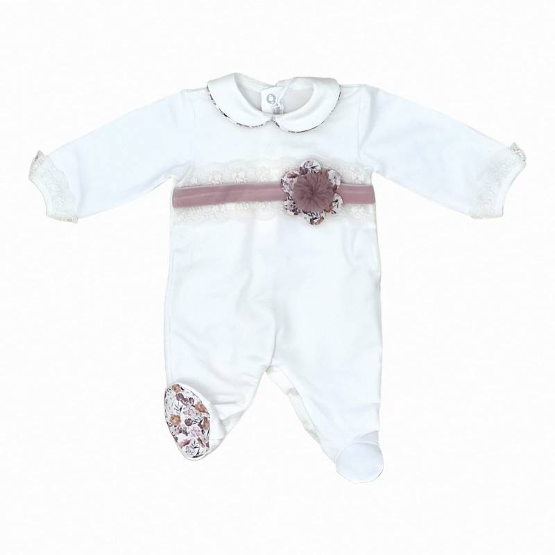 Teto&Tatta newborn baby cotton fleece sleepsuit 1 month cream with lace - 