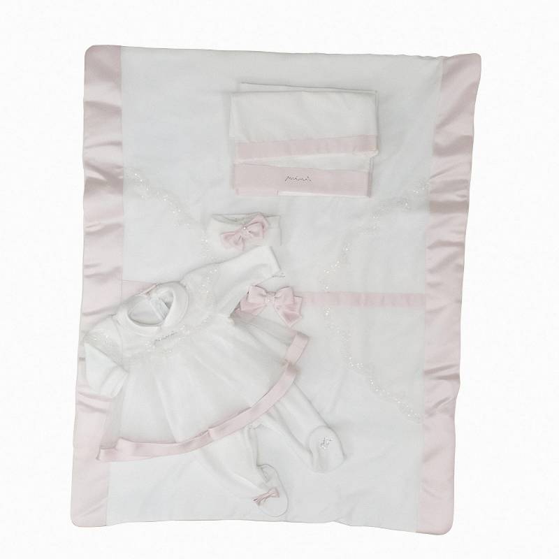 Corredino neonata elegante in ciniglia Minù bianco e rosa con merletto - 