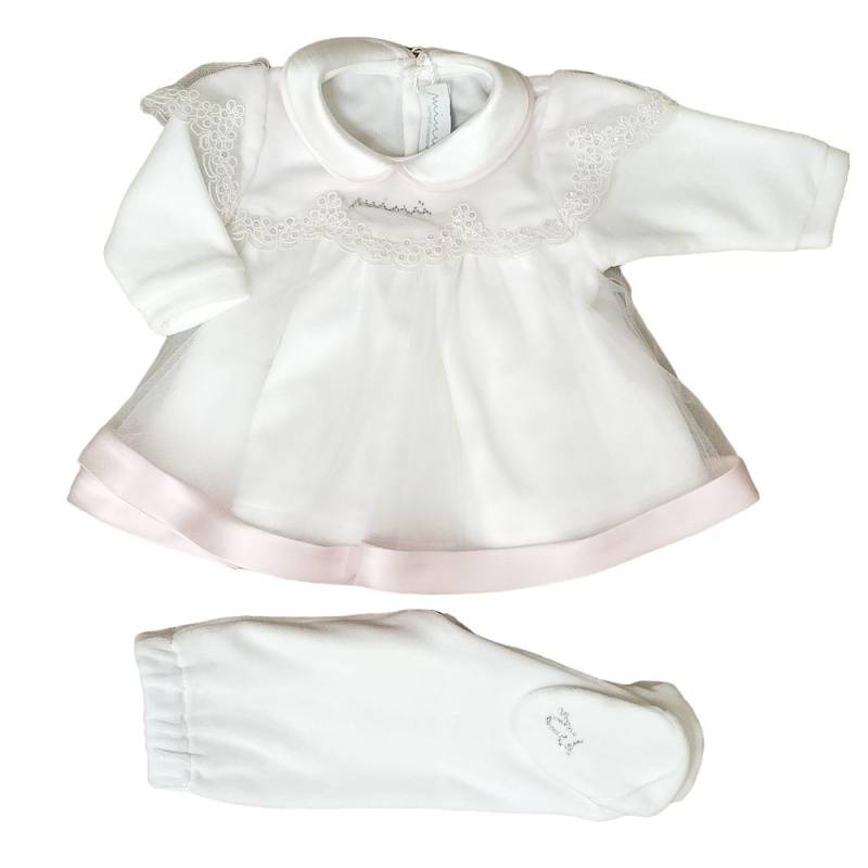 Corredino neonata elegante in Minù bianco e rosa con merletto e tulle