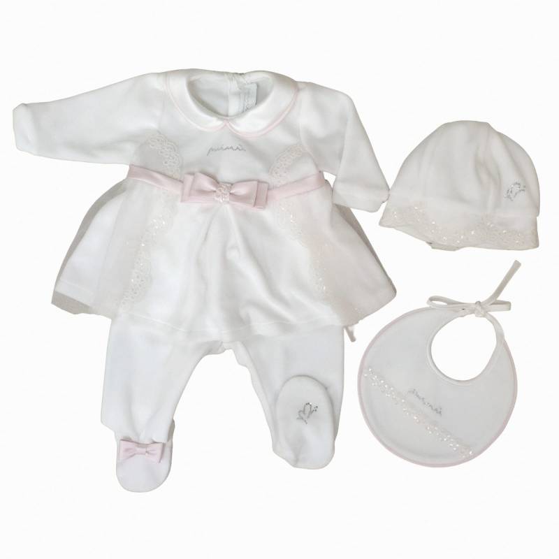 Baby Mädchen klinische Abdeckung Minù elegante Chenille mit Haube und Lätzchen - 