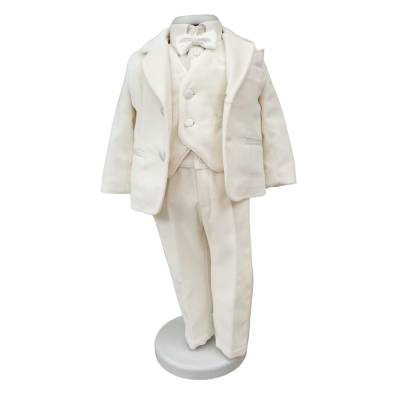 Completo abito battesimo elegante bambino in velluto color panna chiaro - 