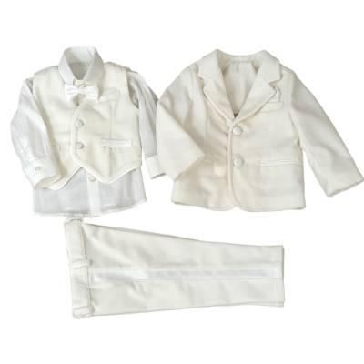 Completo abito battesimo elegante bambino in velluto color panna chiaro - 