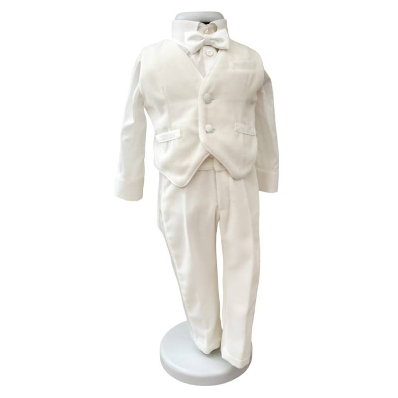 Completo abito battesimo elegante bambino in velluto color panna chiaro - 