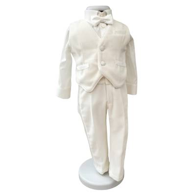 Completo abito battesimo elegante bambino in velluto color panna chiaro - 