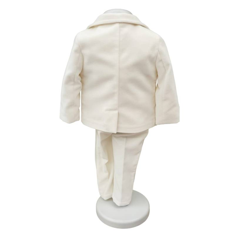 Completo abito battesimo elegante bambino in velluto color panna chiaro - 