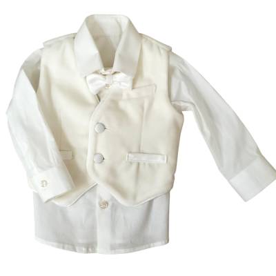 Completo abito battesimo elegante bambino in velluto color panna chiaro - 