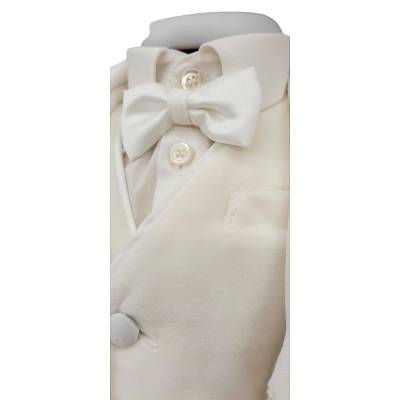 Completo abito battesimo elegante bambino in velluto color panna chiaro - 