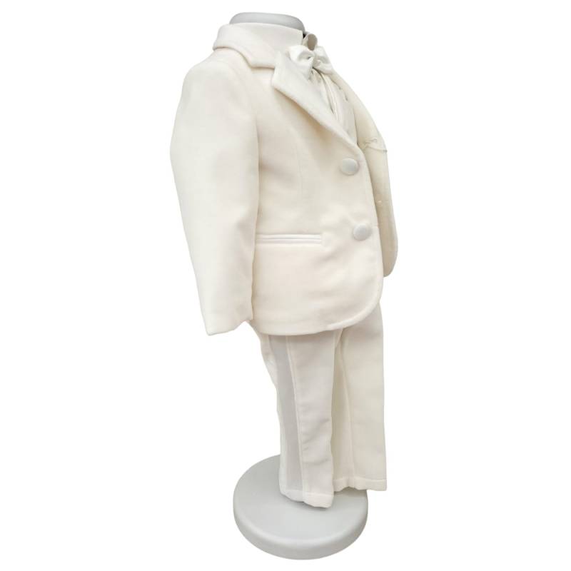 Completo abito battesimo elegante bambino in velluto color panna chiaro - 