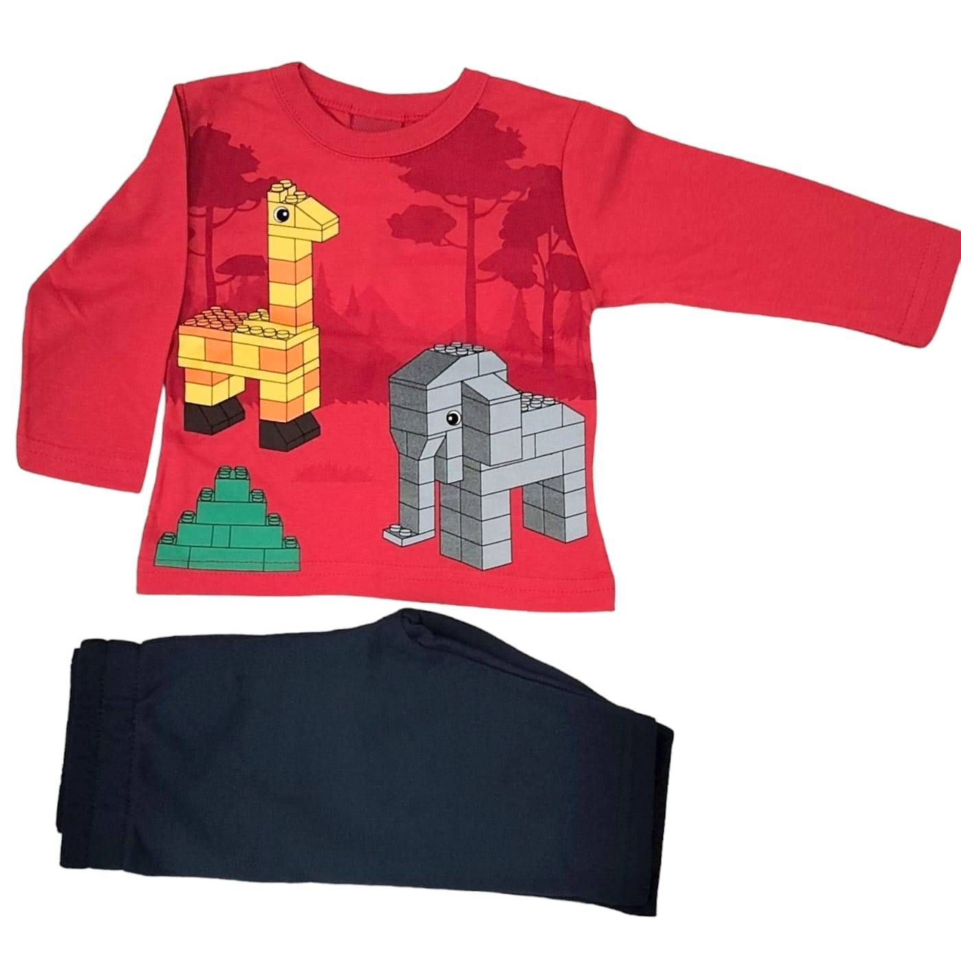 Tuta bambino 3 mesi maglia rossa in cotone fantasia lego e pantaloni blu felpati