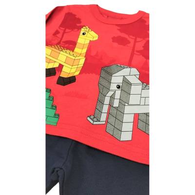 Combinaison bébé 3 mois jersey rouge à motifs lego et pantalon bleu - 