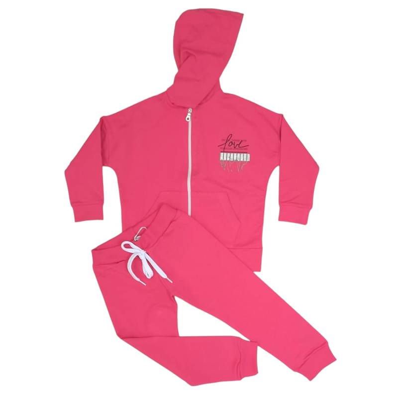 Fato de treino de algodão rosa forte para menina de 4 anos, com calças e casaco com fecho - 