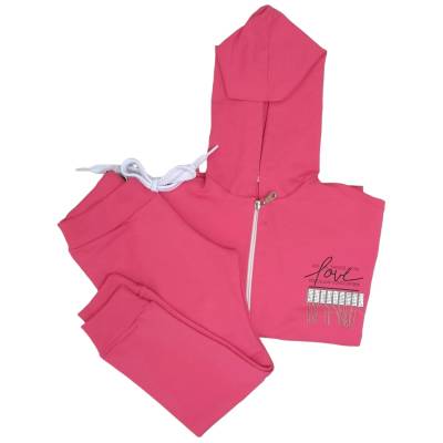 Fato de treino de algodão rosa forte para menina de 4 anos, com calças e casaco com fecho - 