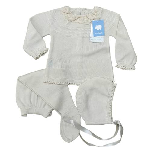 Couvre-bébé clinique 3 mois avec bonnet en laine ivoire -  2