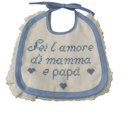 Bavette bébé au point de croix en blanc et bleu clair - 