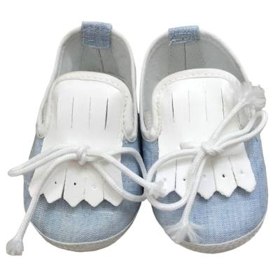 Scarpine neonato da culla misura 16 Ninnaoh in cotone celeste ed ecopelle bianca - 